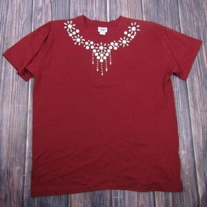 Super Line Shirt Womens One Size Red Crewneck Rhinestone Necklace Made USA